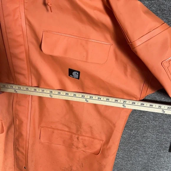 Carhartt Rain Coat Mens Large Orange Hooded PVC Waterproof Workwear C64ORG - Picture 7 of 10